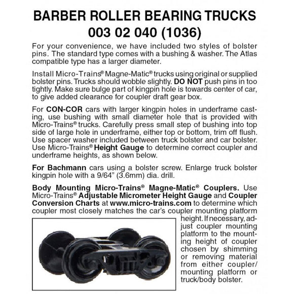 Micro-Trains 003 02 040 - Barber Roller Bearing Truck 1036 - Without Coupler - 1 Pair